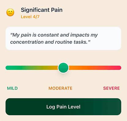 Painapp pain tracker showing a level 4 out of 7 pain log